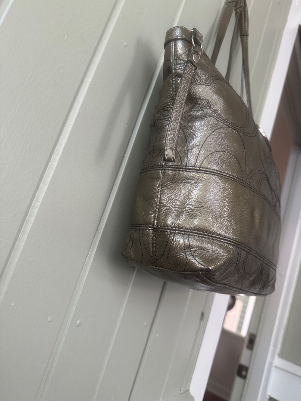 COACH Parker Metallic Leather Tote Olive Bronze Silver Hardware Blue Satin Bag - Picture 3 of 13